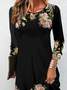 Femmes Floral Noir Col Rond Confortable Mini Robe Décontracté