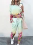 Deux Pièces Ensembles Femmes Décontracté Floral Printemps / Automne Coton Naturel Manches Longues Col Rond Top Avec Pantalons Droit