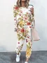Deux Pièces Ensembles Femmes Décontracté Floral Printemps / Automne Coton Naturel Manches Longues Col Rond Top Avec Pantalons Droit