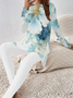 Deux Pièces Ensembles Femmes Décontracté Floral Printemps / Automne Ample Manches Longues Col Rond Top Avec Pantalons Droit Régulier