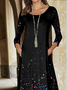 Femmes Ombre Noir Col Rond Confortable Poche Couture Robe Maxi Décontracté