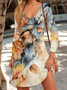 Femmes Floral Jaune Col V Confortable Imprimé Robe Mi-Longue Décontracté