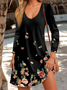 Femmes Floral Noir Col V Confortable Imprimé Robe Mi-Longue Décontracté