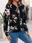 Micro-élasticité Sweat-shirt à Capuche Manches Longues Épaissi Floral Blouson Zip pour Femmes