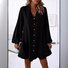 Femmes Plain Noir Col V Confortable Boucle Robe de Longueur Au Genou Décontracté