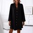 Femmes Plain Noir Col V Confortable Boucle Robe de Longueur Au Genou Décontracté