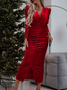 Femmes Plain Rouge Vineux Col V Confortable Dentelle Robe Maxi Décontracté