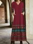 Femmes Ethnique Rouge Vineux Col V Confortable Poche Couture Robe Maxi Rétro