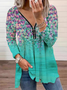 Chemisiers1 Décontracté Floral Printemps / Automne Col V Micro-élasticité Jersey Manches Longues Mi-long Régulier pour Femmes
