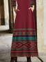 Femmes Ethnique Rouge Vineux Col V Confortable Poche Couture Robe Maxi Rétro