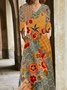 Femmes Floral Orange Col V Confortable Poche Couture Robe Maxi Décontracté