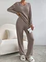 Deux Pièces Ensembles Femmes Décontracté Plain Printemps / Automne Col V Naturel Manches Longues Top Avec Pantalons Droit Régulier