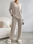 Deux Pièces Ensembles Femmes Décontracté Plain Printemps / Automne Col V Naturel Manches Longues Top Avec Pantalons Droit Régulier
