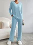 Deux Pièces Ensembles Femmes Décontracté Plain Printemps / Automne Col V Naturel Manches Longues Top Avec Pantalons Droit Régulier