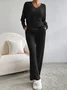 Deux Pièces Ensembles Femmes Décontracté Plain Printemps / Automne Col V Naturel Manches Longues Top Avec Pantalons Droit Régulier