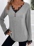T-shirts Femmes Décontracté Plain Printemps / Automne Col V Quotidien Ample Droit Régulier avec Bordure en Dentelle