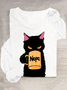 T-shirts Décontracté Printemps / Automne Chat Ample Manches Longues en Mélangé de Coton Régulier Droit Régulier pour Femmes