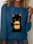 T-shirts Décontracté Printemps / Automne Chat Ample Manches Longues en Mélangé de Coton Régulier Droit Régulier pour Femmes