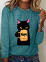T-shirts Décontracté Printemps / Automne Chat Ample Manches Longues en Mélangé de Coton Régulier Droit Régulier pour Femmes