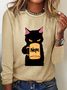 T-shirts Décontracté Printemps / Automne Chat Ample Manches Longues en Mélangé de Coton Régulier Droit Régulier pour Femmes