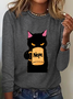 T-shirts Décontracté Printemps / Automne Chat Ample Manches Longues en Mélangé de Coton Régulier Droit Régulier pour Femmes