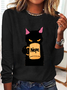 T-shirts Décontracté Printemps / Automne Chat Ample Manches Longues en Mélangé de Coton Régulier Droit Régulier pour Femmes