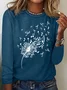 T-shirts Femmes Rétro Printemps / Automne Pissenlit Manches Longues Col Rond en Mélangé de Coton Régulier Élasticité moyenne ré