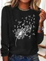 T-shirts Femmes Rétro Printemps / Automne Pissenlit Manches Longues Col Rond en Mélangé de Coton Régulier Élasticité moyenne ré
