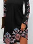 Femmes Ethnique Noir Col Rond Confortable Mini Robe Rétro