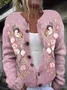 Cardigans Décontracté impression en 3D Hiver Tricoté Micro-élasticité Coupe Régulière Manches Longues Col Rond Droit pour Femmes