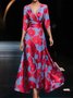 Femmes Floral Rouge Col V Confortable Robe Maxi Décontracté