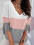 T-shirts Femmes Décontracté Bloc de Couleur Printemps / Automne Col V Quotidien Ample Jersey Manches trois quarts Régulier