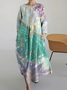 Femmes Floral Bleu Col Rond Confortable Robe Mi-Longue Décontracté