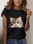 T-shirts Décontracté Été Chat Manches Courtes en Mélangé de Coton Droit Régulier Élasticité moyenne Textures tendance pour Femmes