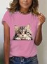 T-shirts Décontracté Été Chat Manches Courtes en Mélangé de Coton Droit Régulier Élasticité moyenne Textures tendance pour Femmes