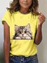 T-shirts Décontracté Été Chat Manches Courtes en Mélangé de Coton Droit Régulier Élasticité moyenne Textures tendance pour Femmes