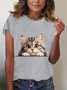 T-shirts Décontracté Été Chat Manches Courtes en Mélangé de Coton Droit Régulier Élasticité moyenne Textures tendance pour Femmes