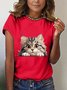T-shirts Décontracté Été Chat Manches Courtes en Mélangé de Coton Droit Régulier Élasticité moyenne Textures tendance pour Femmes
