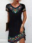 Femmes Ethnique Bleu Col Rond Confortable Mini Robe Décontracté
