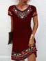 Femmes Ethnique Bleu Col Rond Confortable Mini Robe Décontracté