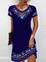 Femmes Ethnique Bleu Col Rond Confortable Mini Robe Décontracté