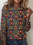T-shirts Femmes Rétro Printemps / Automne Plaid Micro-élasticité Quotidien Coupe Régulière Col Rond Trapèze Régulier