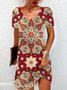 Femmes Ethnique Rouge Vineux Col Rond Confortable Mini Robe Décontracté