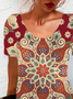 Femmes Ethnique Rouge Vineux Col Rond Confortable Mini Robe Décontracté