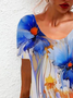 Femmes Floral Bleu Col Rond Confortable Mini Robe Décontracté