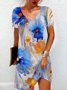 Femmes Floral Bleu Col Rond Confortable Mini Robe Décontracté
