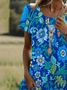 Femmes Floral Bleu Col Rond Confortable Robe Mi-Longue Décontracté