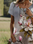 Femmes Floral Gris Col Rond Confortable Robe Mi-Longue Décontracté