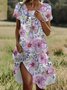 Femmes Floral Rose Col Rond Confortable Robe Mi-Longue Décontracté
