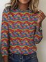 T-shirts Rétro Printemps / Automne Plaid Coton Micro-élasticité Col Rond Régulier Trapèze Régulier pour Femmes